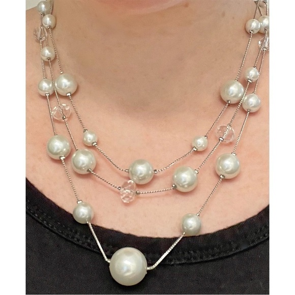 undefined Jewelry - Crystal and Faux Pearl Three-Layer Fashion Necklace